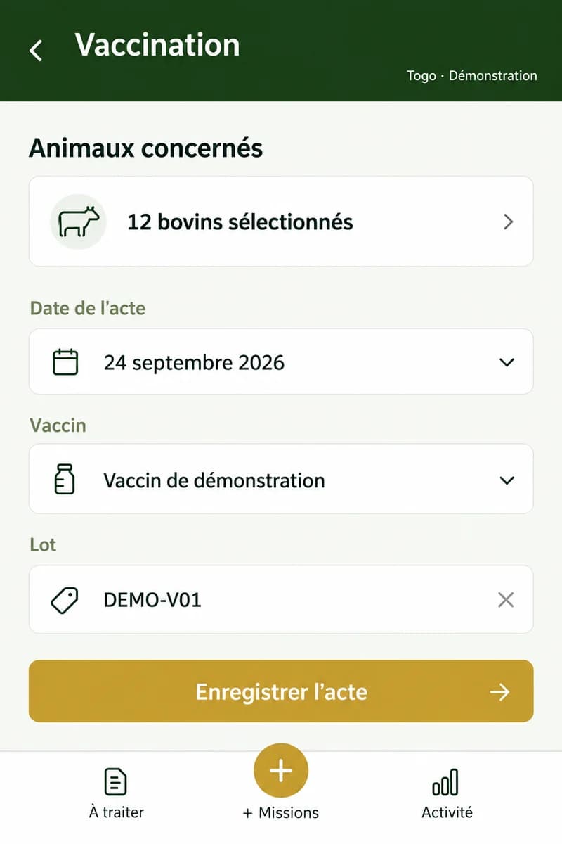 Aperçu illustratif : Enregistrer un acte sanitaire
