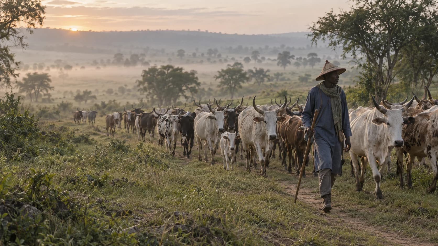 Un éleveur peul marche devant son troupeau de bovins dans la savane.