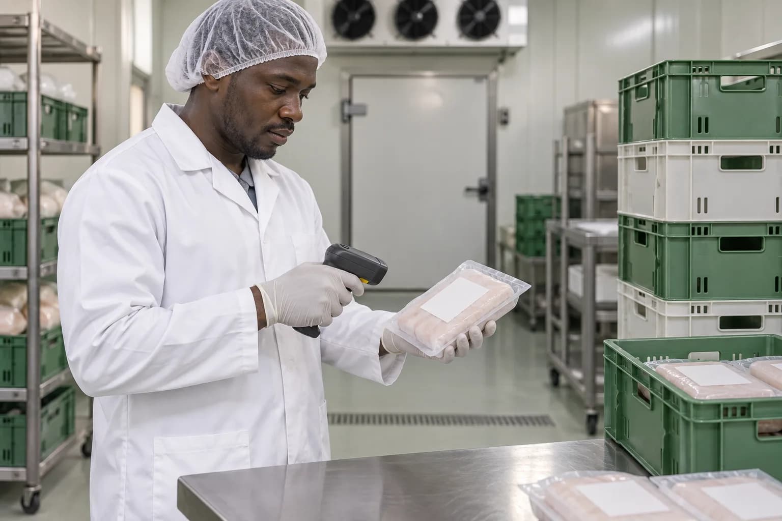 Un opérateur vérifie un produit conditionné dans une zone de préparation.