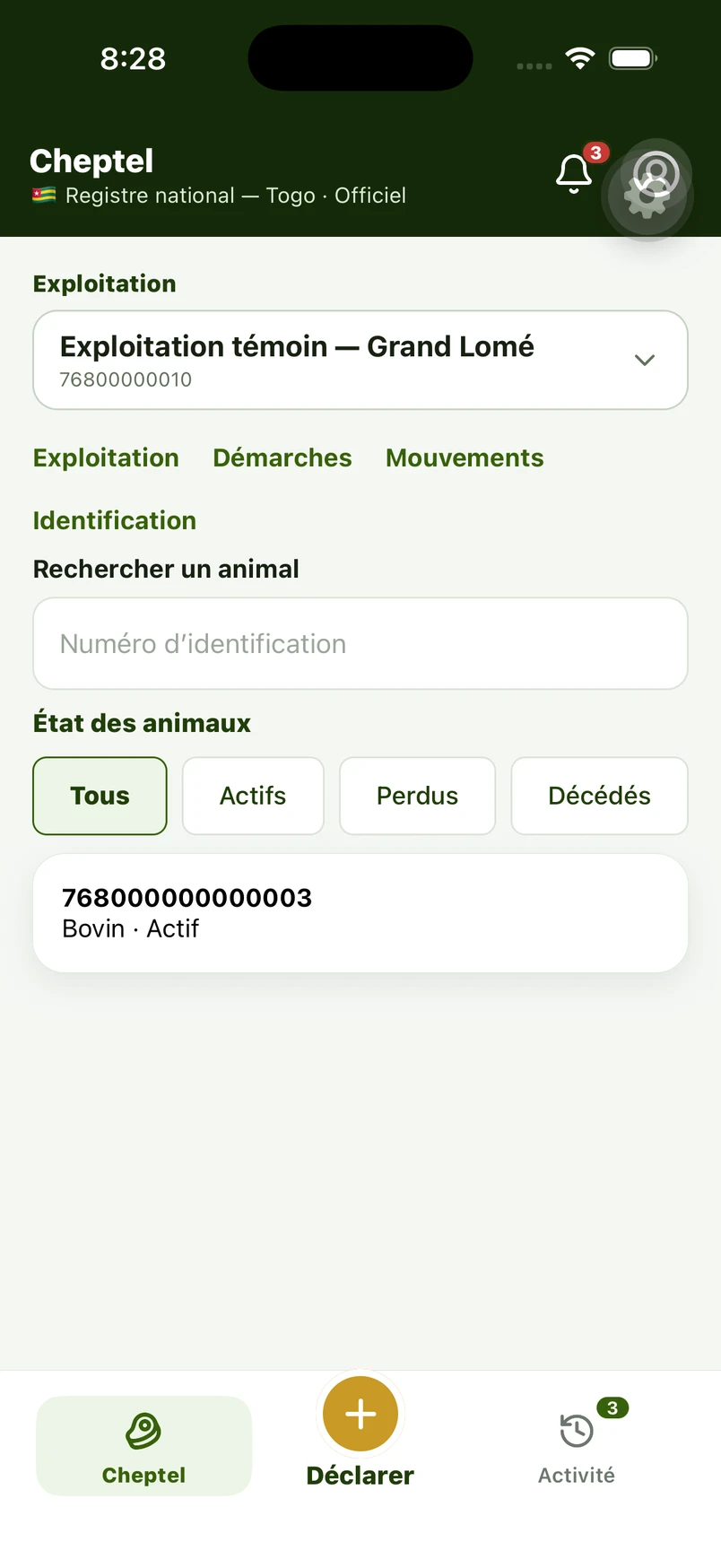 Écran réel d’IDARAF Élevage, avec sa navigation et ses actions métier.