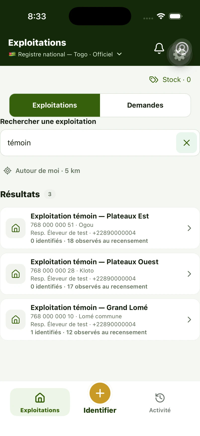 Écran réel d’IDARAF Identification, avec sa navigation et ses actions métier.
