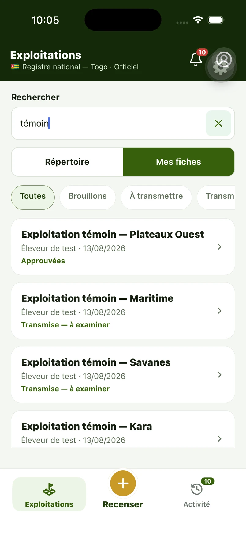 Écran réel d’IDARAF Recensement, avec sa navigation et ses actions métier.